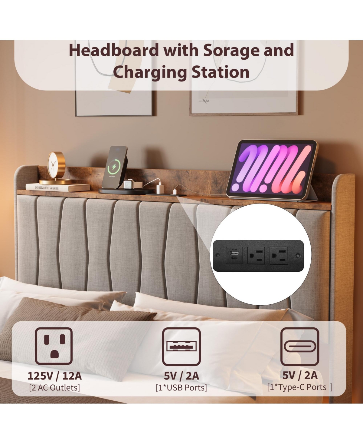 gaomon Floating Bed Frame Queen with Led Lights & Usb Charging Station – Modern Upholstered Platform Bed with Headboard