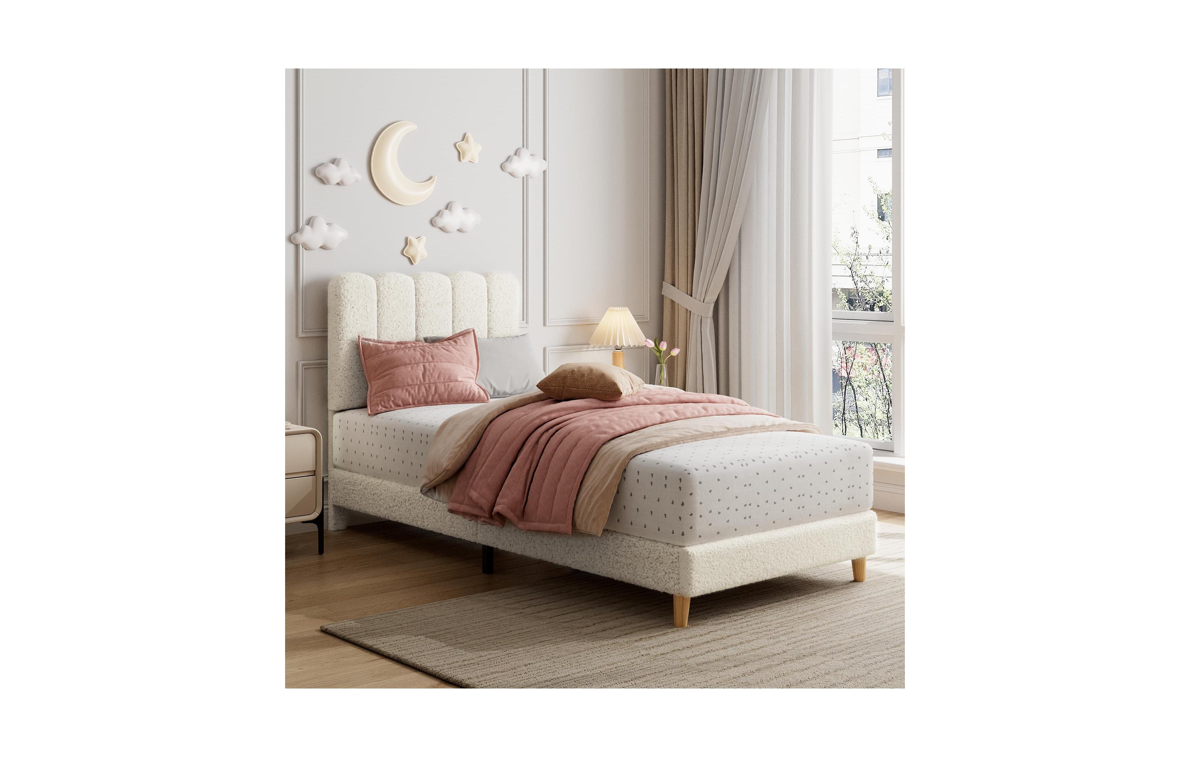 gaomon Twin-xl Bed Frame, Boucle Upholstered Platform Bed with Wave Headboard for Girls/Kids, Easy Assembly