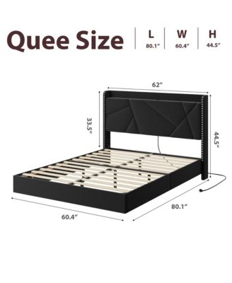 Queen Size Floating Bed Frame, Suspended Bed with RGB LED Lights and Charging Station, Upholstered Bed Frame