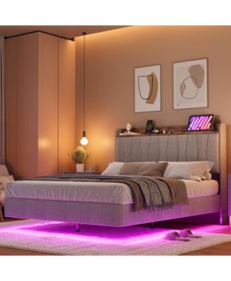 King Floating Bed Frame with LED Lights & Charging Station, Upholstered Platform Bed with Storage Headboard
