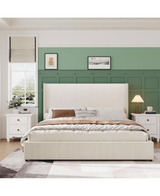King Size Upholstered Platform Bed Frame with Storage Drawers, Corduroy Wingback with Tufted Headboard and Footboard
