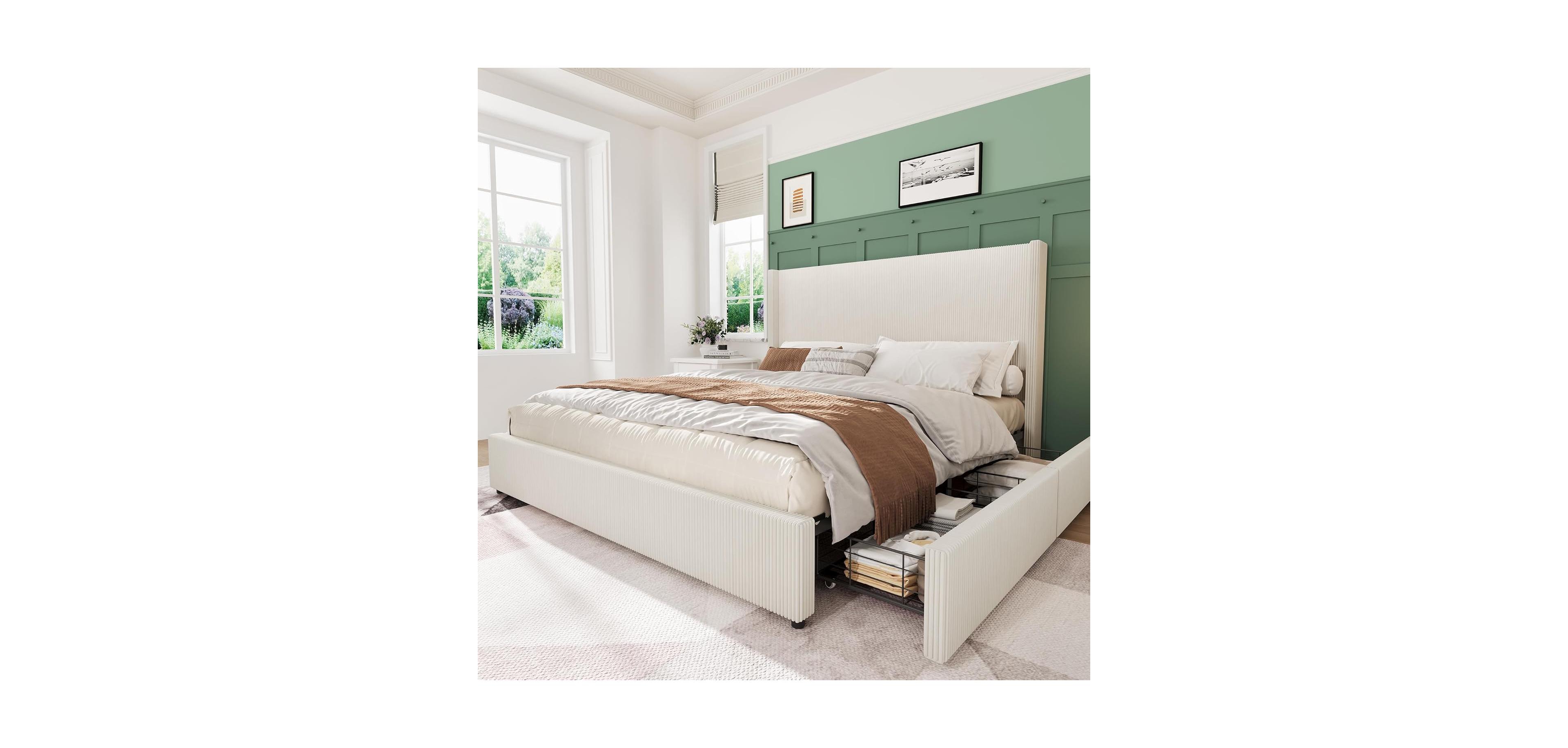 gaomon Upholstered Platform Bed with Storage Corduroy Wingback Tufted Headboard