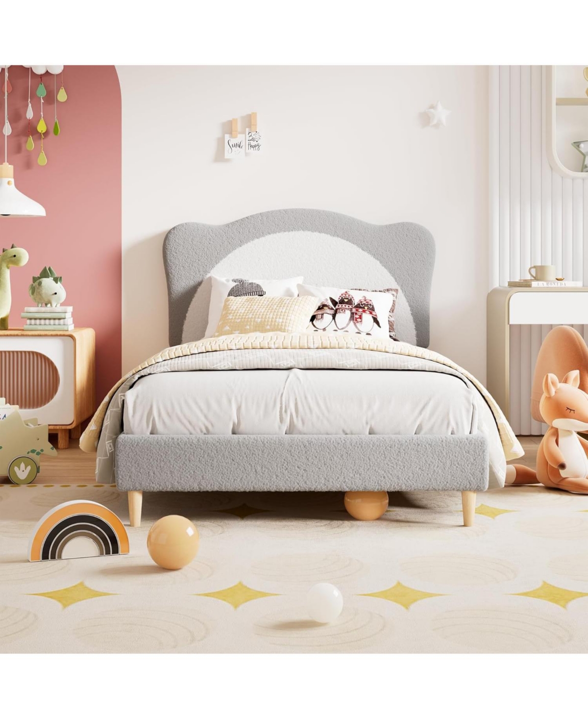 gaomon Twin Kids Princess Platform Bed, Velvet Upholstered Design with Cute Headboard, Solid Wood Slat Support, No Box Spring Needed