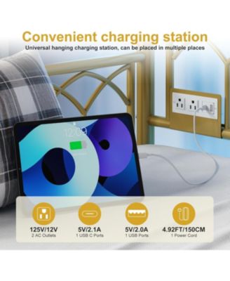 Twin Daybed with Pull-Out Trundle, LED Lights & Charging Station, Metal Sofa Bed for Living Rooms, Bedrooms & Apartments, Gold Finish