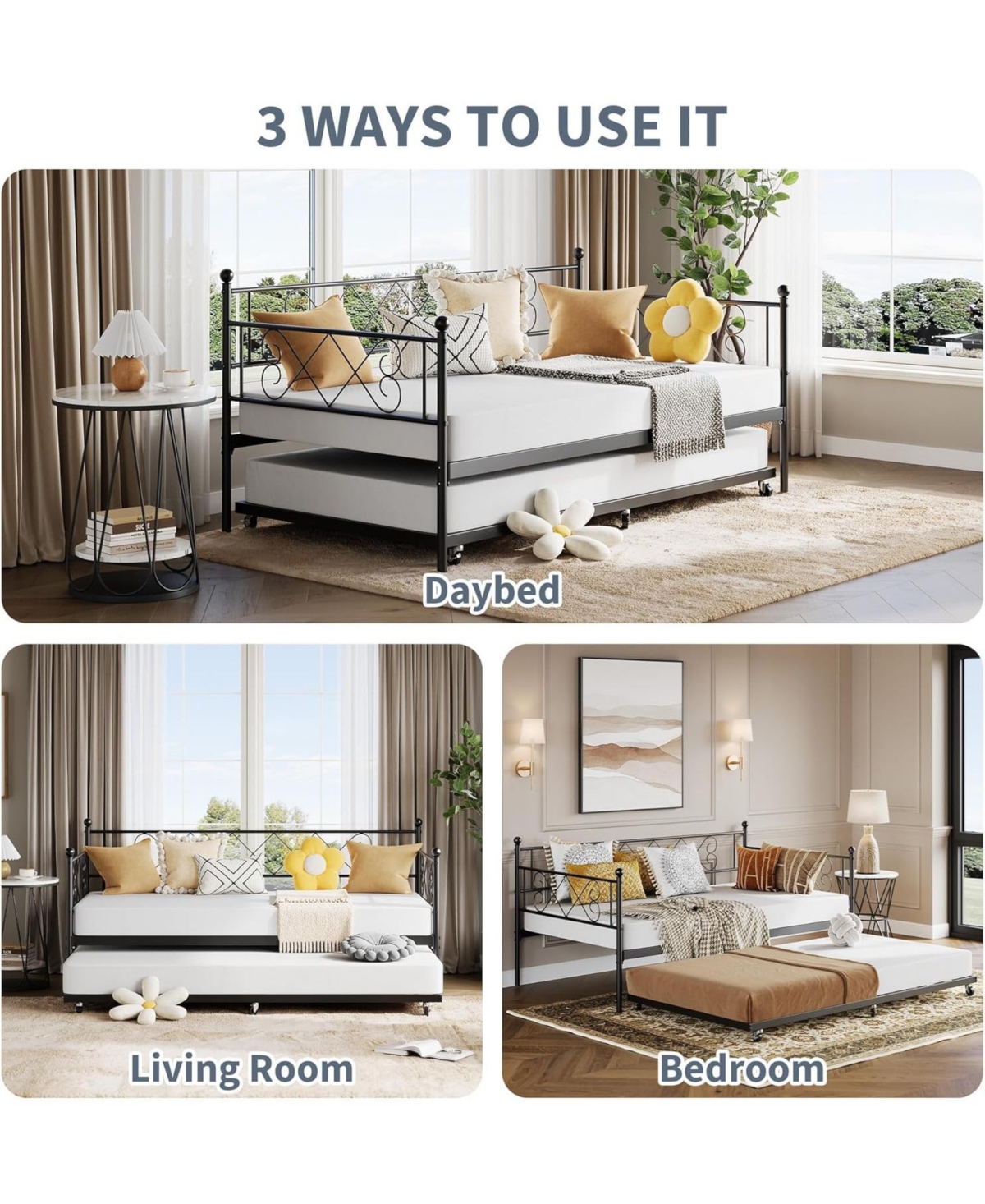 gaomon Twin Metal Daybed with Trundle , Durable Steel Slats, Compact Sofa Bed Pull-Out for Small Spaces