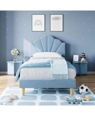 Velvet Platform Bed with Adjustable Headboard for Kids, Soft Upholstery, Wood Slat Support, Easy Assembly, No Box Spring - Twin