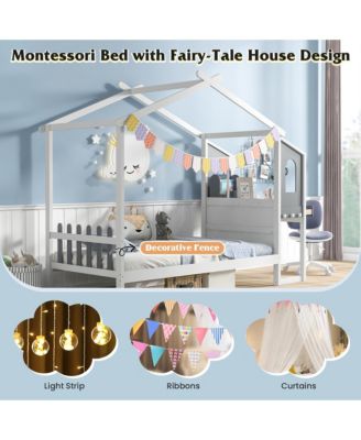 Kids House Bed w/ Study Desk & Removable Box Drawers Hanging Hooks