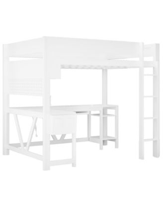 White Wood Full Size Gaming Loft Bed Built In Desk Charging Station LED Lighting Storage Shelves Multifunctional Modern Living Space Furniture