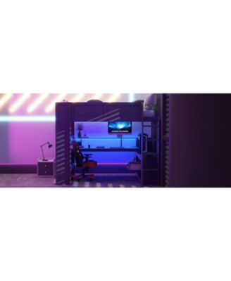 Dark Gray Wood Full Size Gaming Loft Bed Built In Desk Charging Station Storage Shelves LED Lighting Space Saving Teens Adults Furniture