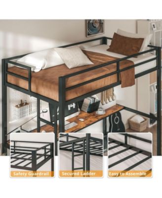 Twin Loft Bed with Desk, Power Outlet & LED Lighting, Space-Saving Design, Black