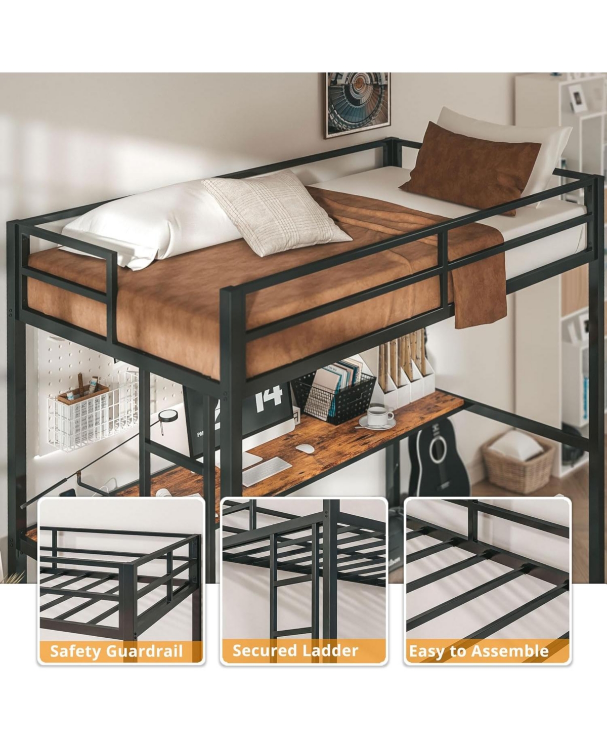 Likimio Twin Loft Bed with Desk, Power Outlet & Led Lighting, Space-Saving Design, Black