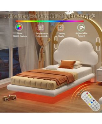 Twin Bed Frames, Floating Bed Frame with LED Light and Upholstered Headboard, Solid Wooden Slats Support