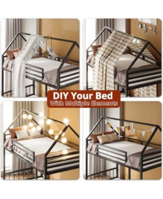Twin Over Twin Metal Bunk Bed with Ladder & Guardrail, House-Shaped Frame, Space-Saving Design, No Box Spring Needed – Black