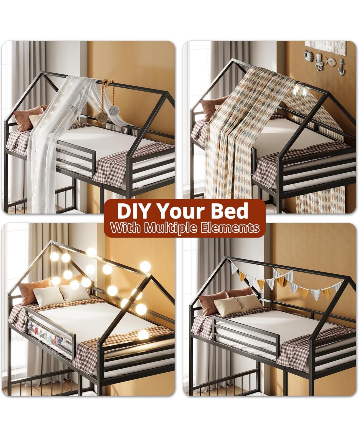 Likimio Twin Over Twin Metal Bunk Bed with Ladder & Guardrail, House-Shaped Frame, Space-Saving Design, No Box Spring Needed – Black