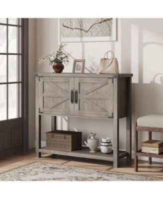 Gray Farmhouse Console Table with Cabinets and Drawers, Versatile Storage Solution for Hallway, Living Room