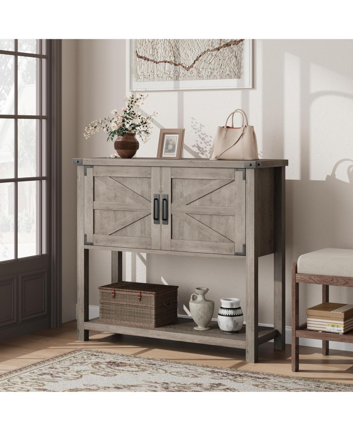 gaomon Gray Farmhouse Console Table with Cabinets and Drawers, Versatile Storage Solution for Hallway, Living Room