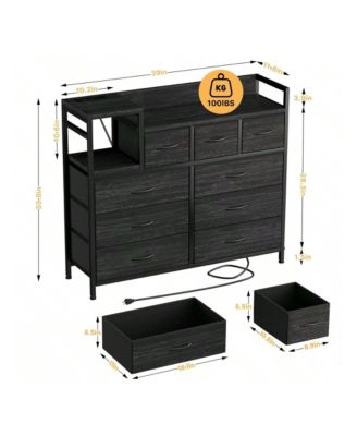 9-Drawer Modern Dresser TV Stand with Charging Station, Open Shelf, Power Outlets, Storage Media Console, Black