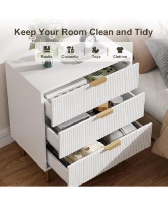 3-Drawer Modern White Dresser, 30" Tall, Fluted Chest with Gold Handles, Anti-Tip Device, Bedroom, Living Room, Kids Room