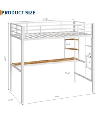 Twin Size Metal Loft Bed with Large Desk and Storage Shelves, Heavy Duty Platform Bed with Ladder and Safety Guardrail