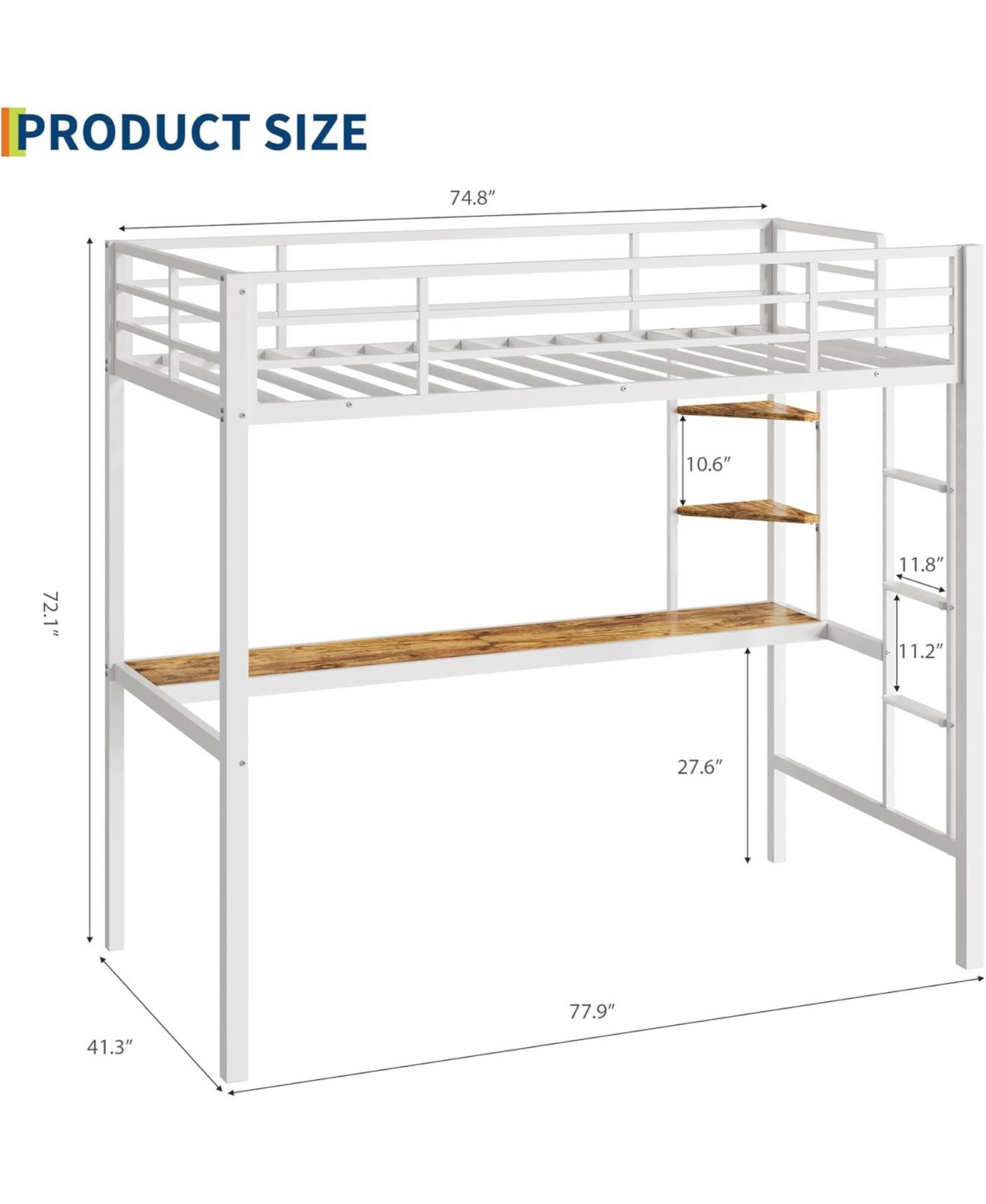 gaomon Twin Size Metal Loft Bed with Large Desk and Storage Shelves, Heavy Duty Platform Bed with Ladder and Safety Guardrail