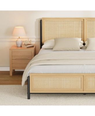 Full Size Bed Frame with Rattan Headboard and Footboard, Boho Wooden Platform, No Box Spring Needed, Easy Assembly