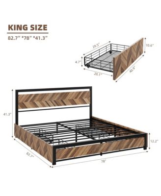 King Size Bed Frame with 4 Storage Drawers, Metal Platform Bed Frame with Rustic Vintage Wood Headboard
