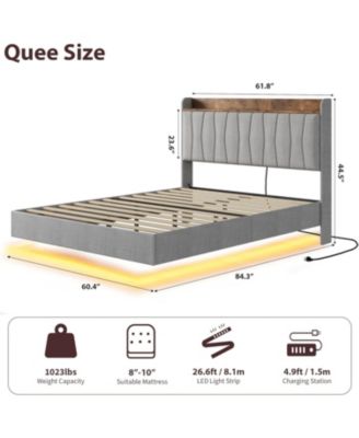 Queen Size Floating Bed Frame with LED Lights & Charging Station - Upholstered Platform Bed
