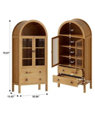 71" Arched Farmhouse Pantry Cabinet with Glass Doors, 2 Drawers & Adjustable Shelves, Display Hutch for Kitchen Dining Living Room