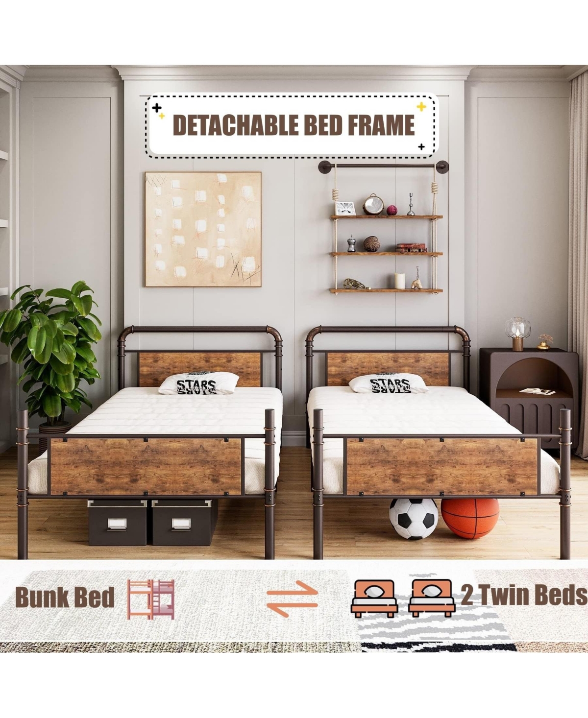 Gaomon Metal Bunk Bed Twin Over Twin for Kids, Heavy Duty Twin Size Convertible Bunk Bed with Guardrail & Ladders