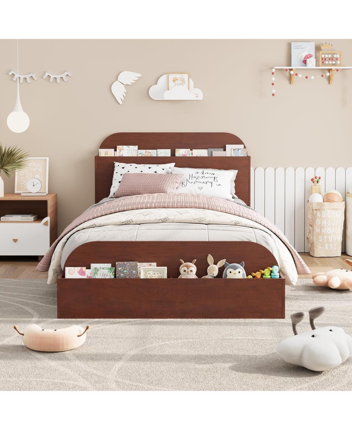 Gaomon Twin Kids Bed Frame with Storage Headboard & Footboard, Low Profile Wood Platform, Sturdy Slats, No Box Spring Needed