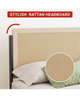 Boho Bed Frame with Rattan Headboard & Wood Footboard, Under Bed Storage, No Box Spring Needed - Standard/Queen