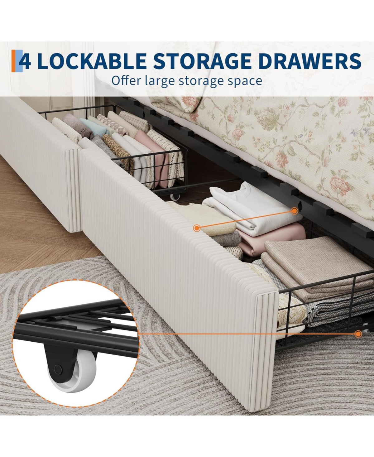 Gaomon King Upholstered Platform Bed Frame with Storage Drawers, Corduroy Wingback