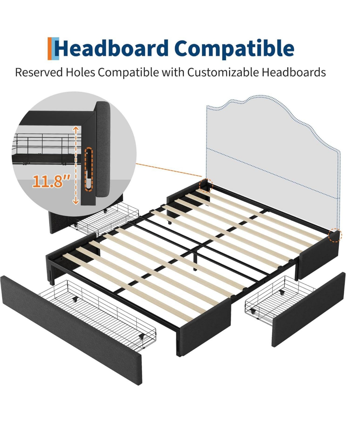 gaomon Full Bed Frame with 3 Storage Drawers, Upholstered Platform, Wooden Slat Support, Customizable Headboard, No Box Spring Needed