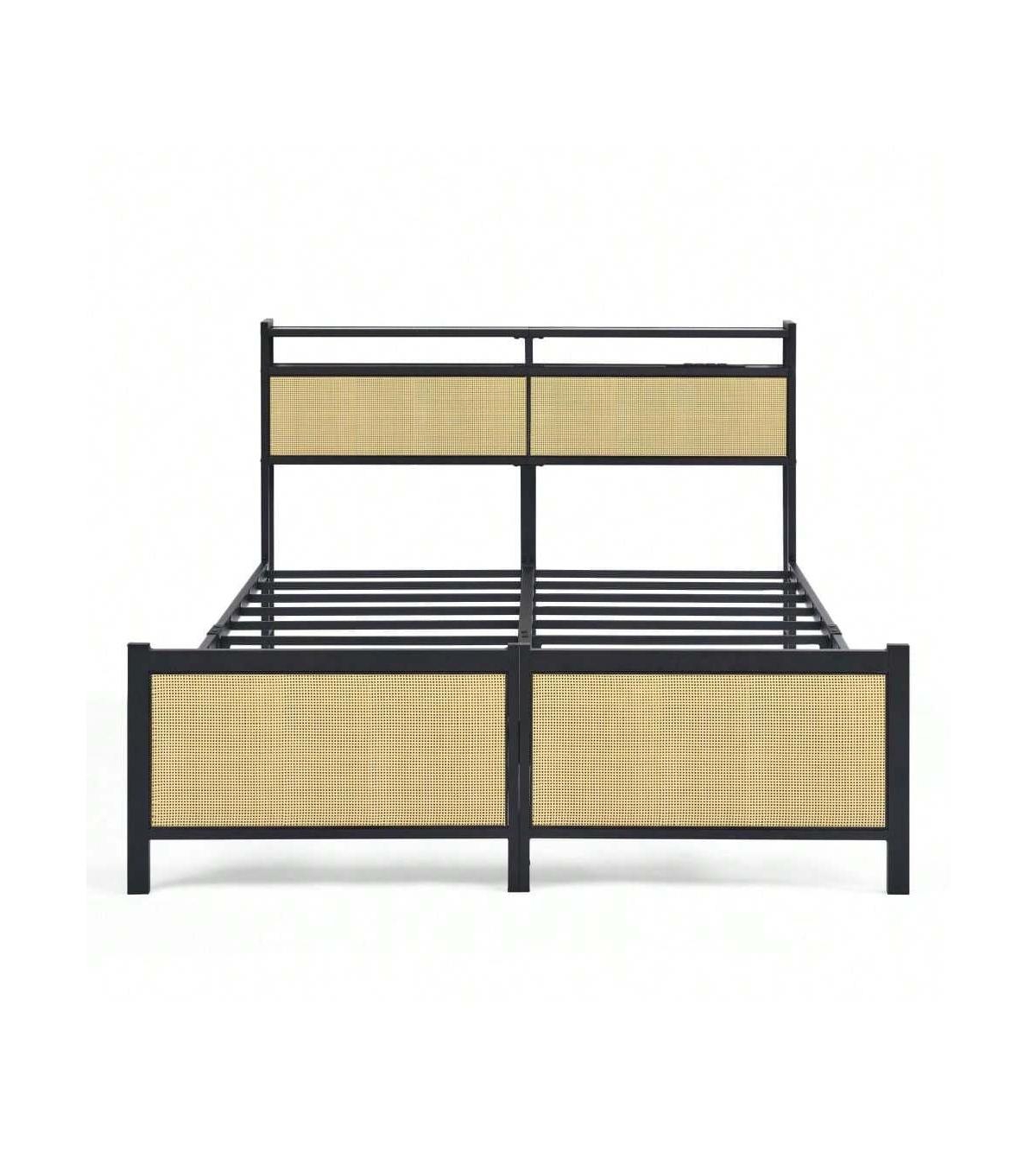 gaomon Full Size/Queen Size Bed Frame with Rattan Headboard, Metal Platform Bed with Led Light Usb Charging Port