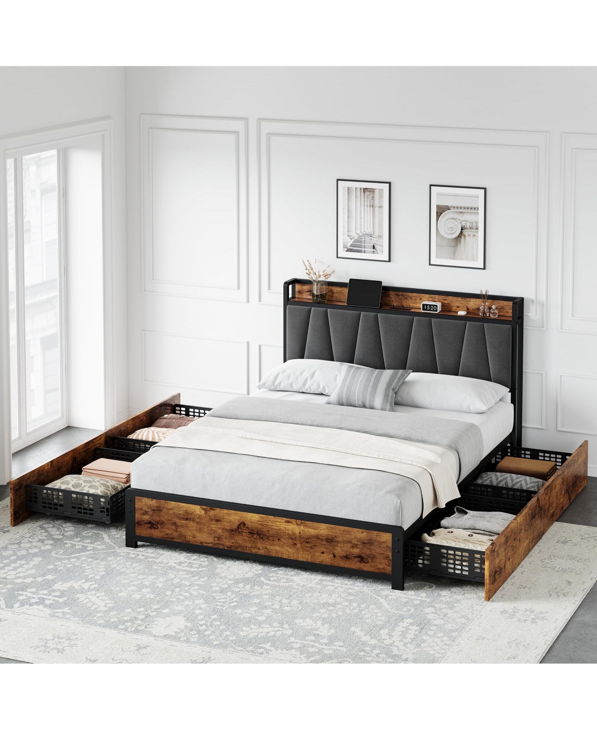 gaomon Full Size Bed Frame with Storage Linen Upholstered Headboard