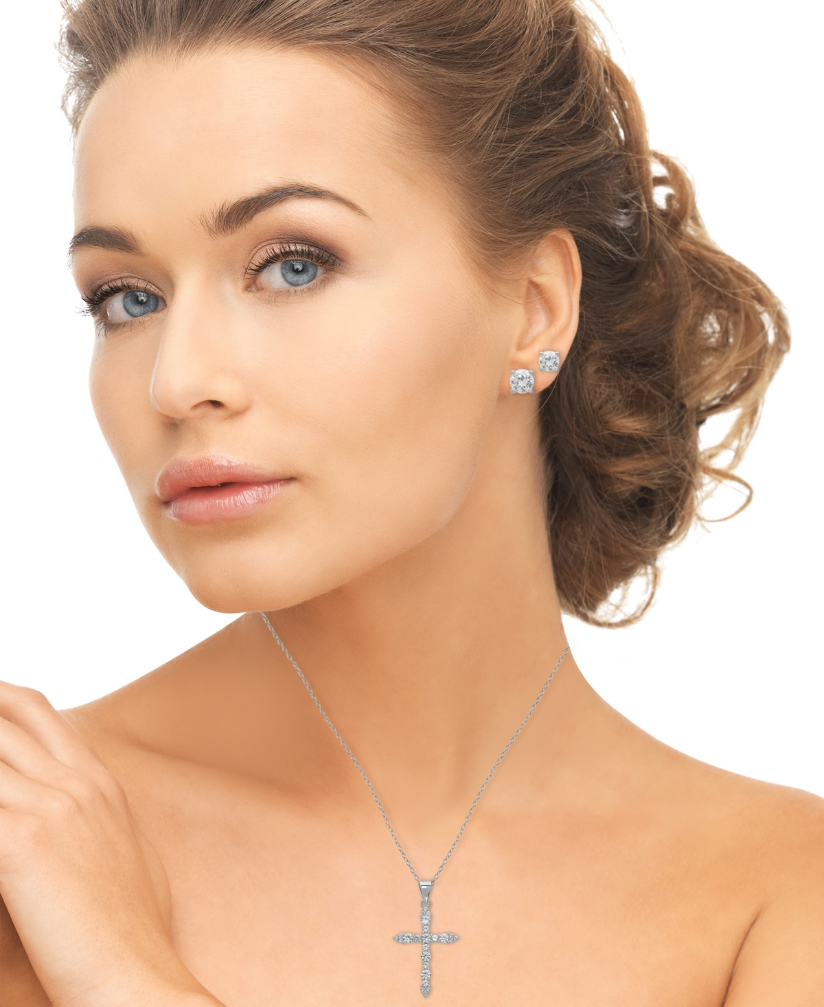 Macy's 3-Pc. Lab Grown White Sapphire (3.62 ct. t.w.) Cross Pendant Necklace And Stud Earrings Set in Sterling Silver