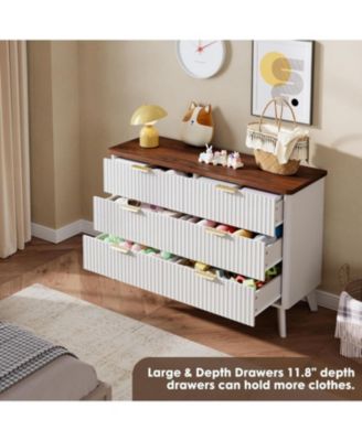 Fluted Dresser for Bedroom with 6 Deep Drawers, 47in Tall Chest of Drawers with Faux Marble Top, Curved Profile Design, White with Walnut Top