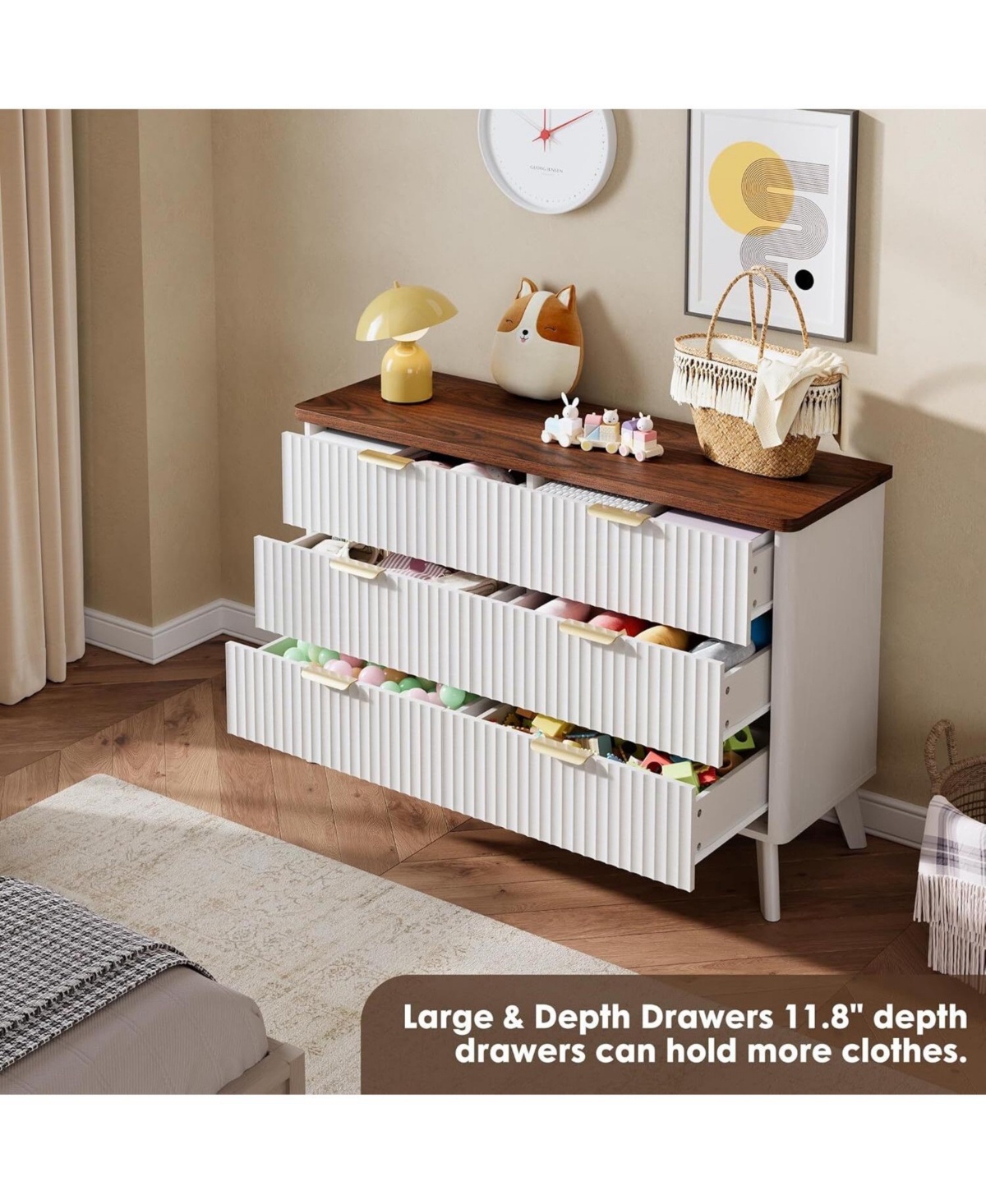 gaomon Fluted Dresser for Bedroom with 6 Deep Drawers, 47in Tall Chest of Drawers with Faux Marble Top, Curved Profile Design