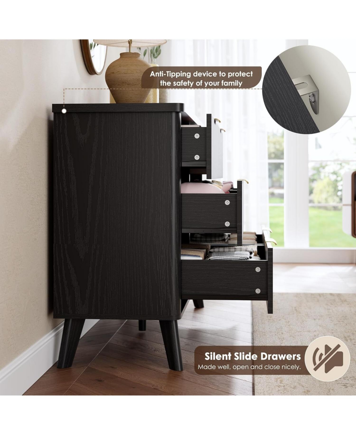 gaomon Fluted Dresser for Bedroom with 6 Deep Drawers, 47in Tall Chest of Drawers with Faux Marble Top, Curved Profile Design, Black