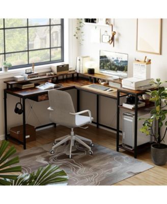 55" Brown L-Shaped Desk with Drawer & LED, Versatile Corner Home Office Desk with USB Charging, Power Outlet, Monitor Stand