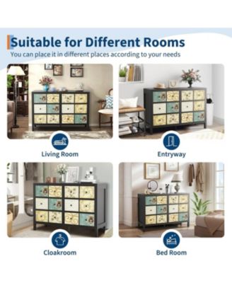 6-Drawer Rustic Modern Wood Retro Floral Pattern Farmhouse Style Dresser Bedroom Chest with Metal Handle