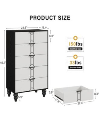 5-Drawer Modern Wooden Tall Dresser, Vintage Pattern Design, Deep Drawers for Bedroom, Living Room, Entryway