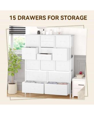 15-Drawer Modern Tall Dresser, 48" Fabric Storage Chest, Steel Frame, Wood Top, Bedroom, Closet, Living Room