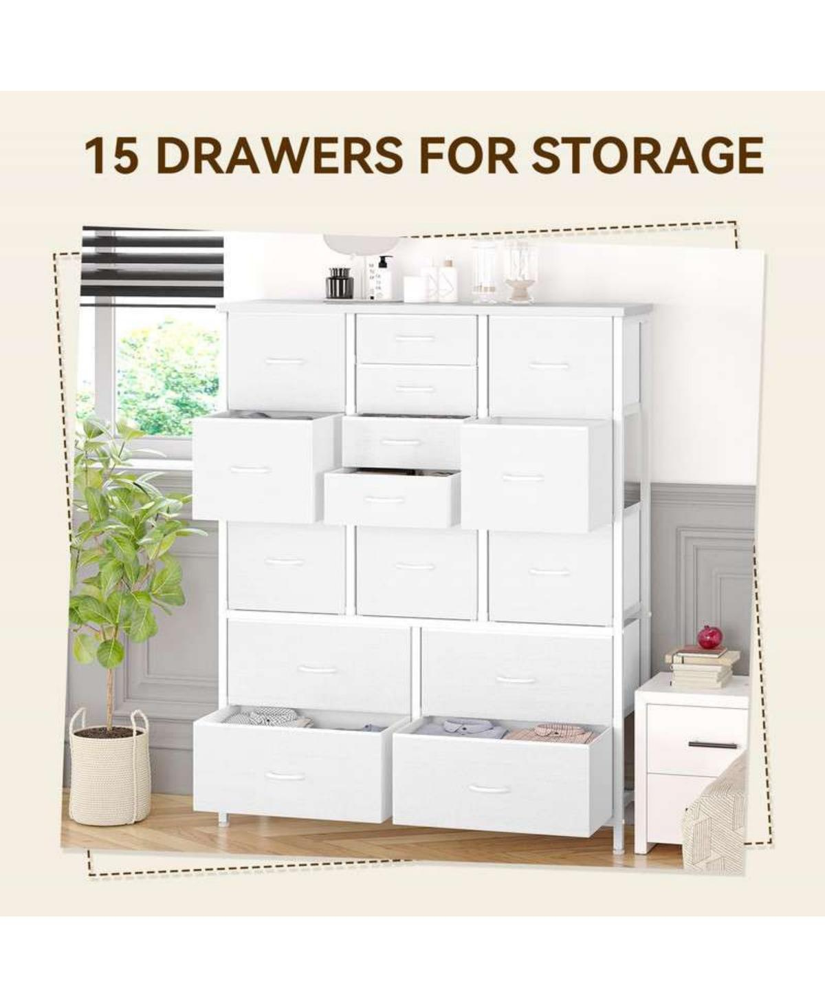 gaomon 15-Drawer Modern Tall Dresser, 48" Fabric Storage Chest, Steel Frame, Wood Top, Bedroom, Closet, Living Room