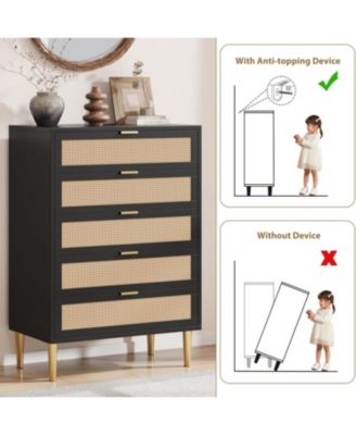 5-Drawer Rattan Dresser, 44" Tall, Farmhouse Wood Vertical Chest with Metal Legs & Handles, Bedroom, Living Room, Black