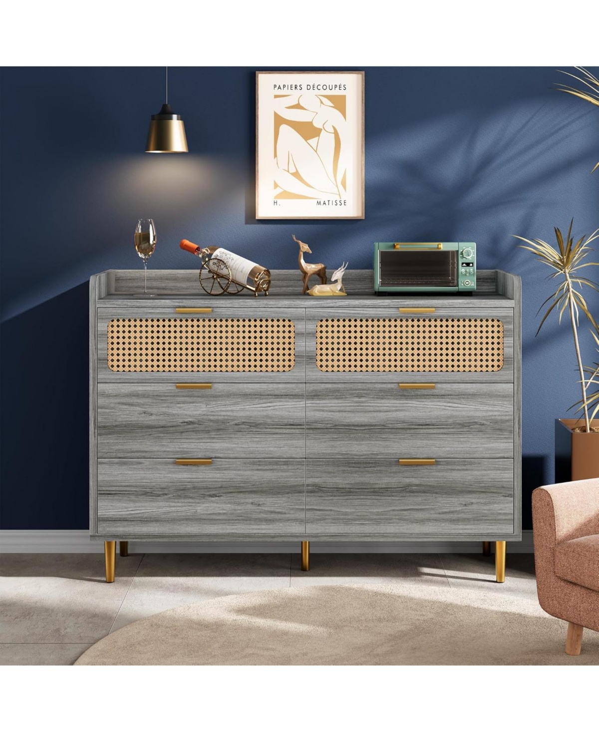 gaomon 6-Drawer Double Dresser, 47" Wide, Modern Wood Chest, Rattan Storage for Bedroom, Living Room, Hallway, Gray