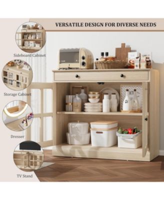 35.4 Inch Oak Sideboard Buffet Cabinet, Glass Door, Drawer Storage, Modern Dining Room, Kitchen Cabinet