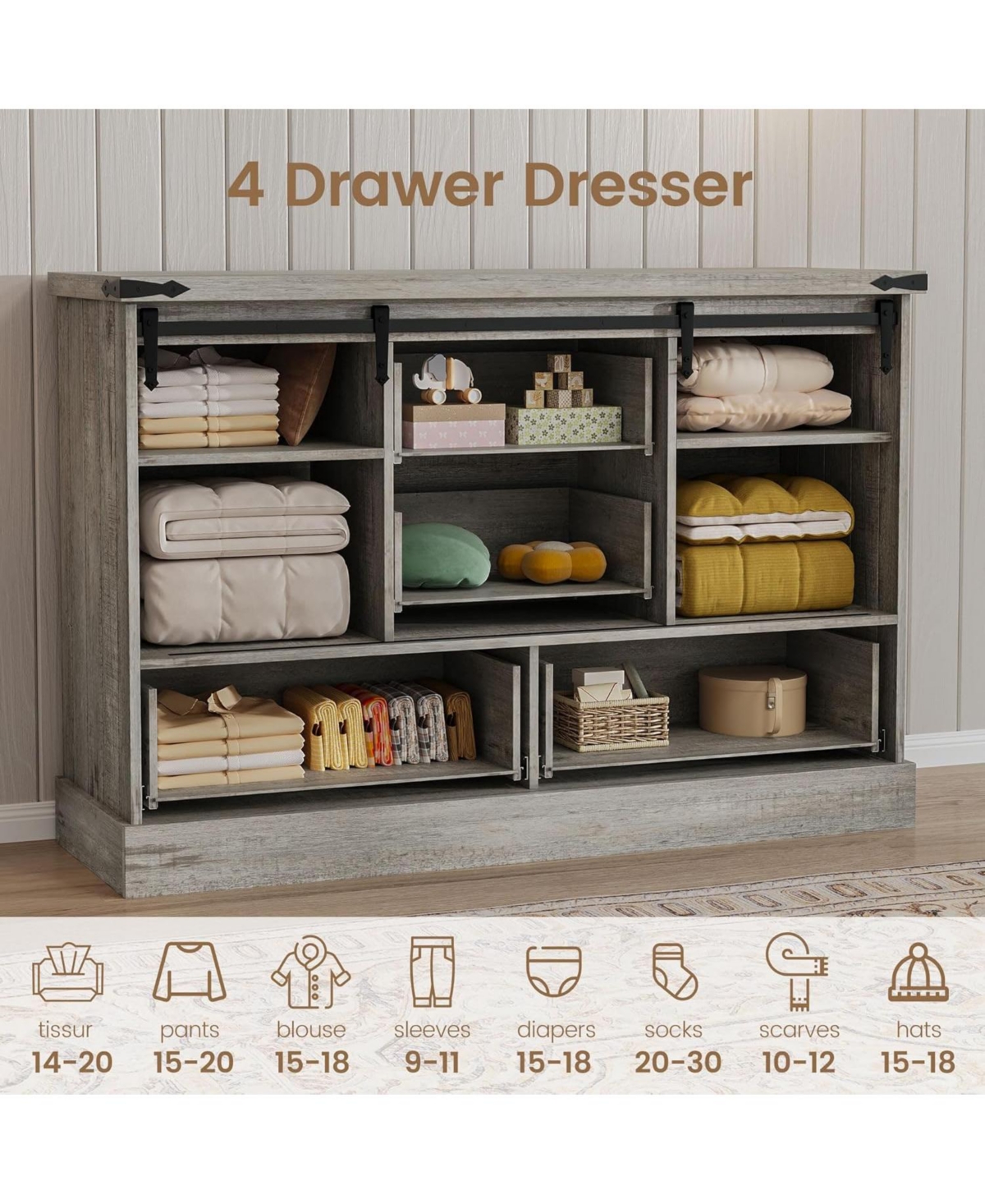 gaomon 4-Drawer Farmhouse Painted Engineered Wood Dresser, Sliding Barn Doors, Removable Divider, Bedroom, Grey