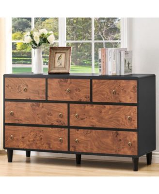 7 Drawer Modern Dresser, Space-Saving Narrow Wood Chest with Curved Profile, Vintage Handles, Bedroom, Entryway