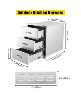 14W x 21H x 23D Inch Outdoor Kitchen Drawers, Flush Mount Double BBQ Access Drawers, Stainless Steel, Grill Station